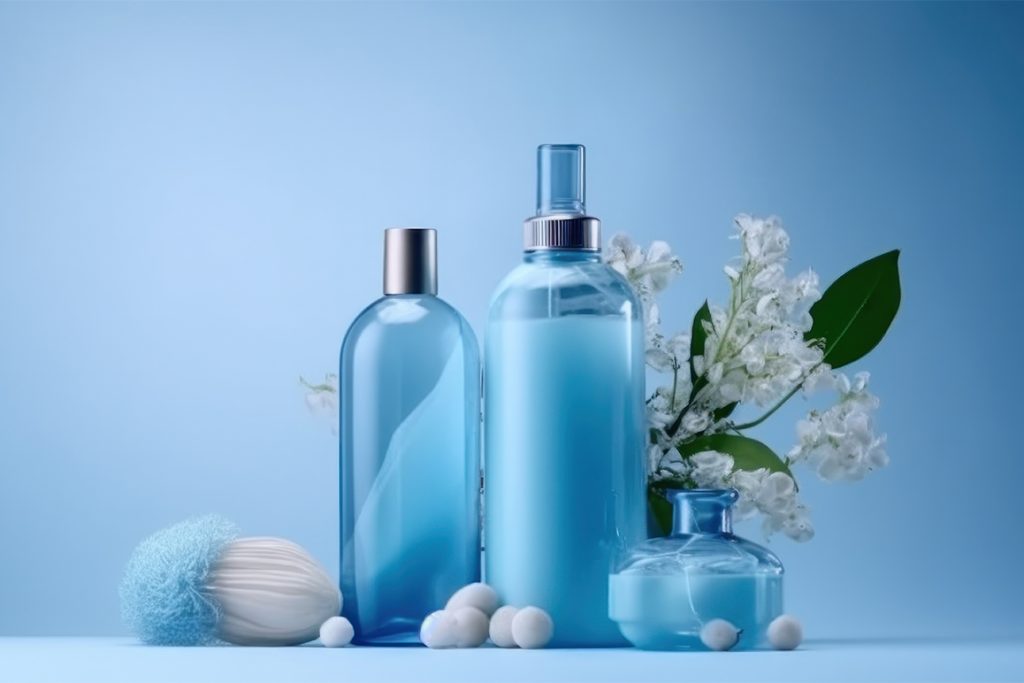 Abstract image of cosmetic products on a shelf