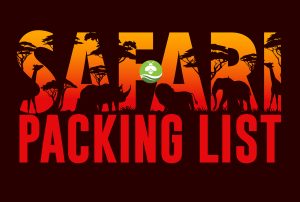 Safari Packing List typography with animal silhouettes against a black background.