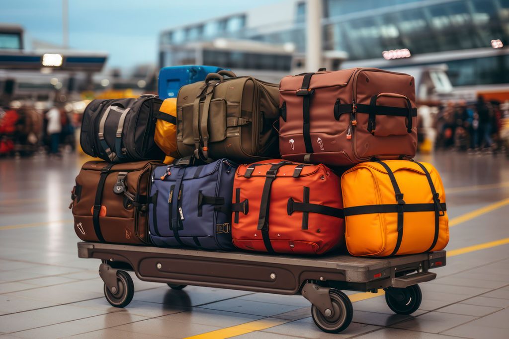 Soft sided luggage packed onto a trolley with airport in the background