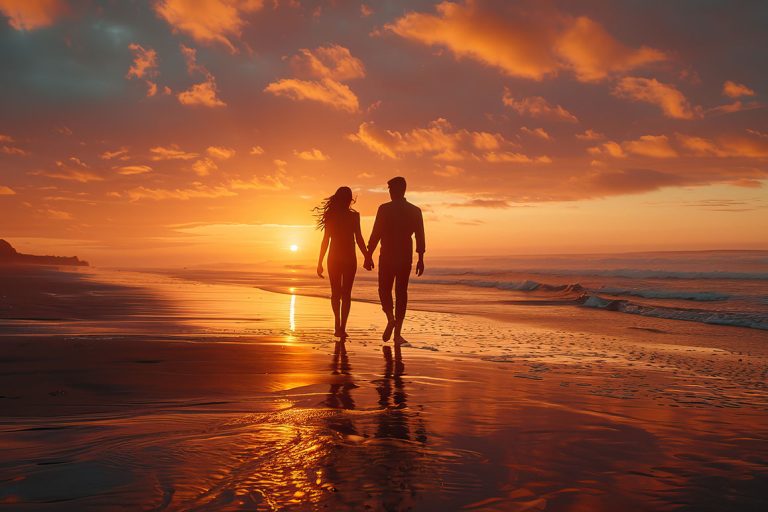 Couple walking hand in hand on the beach at sunset