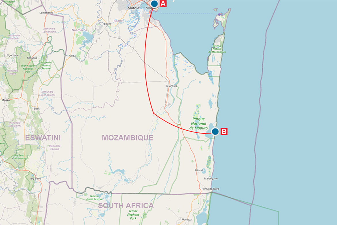 A map showing the route from Maputo to Ponta Membene Resort